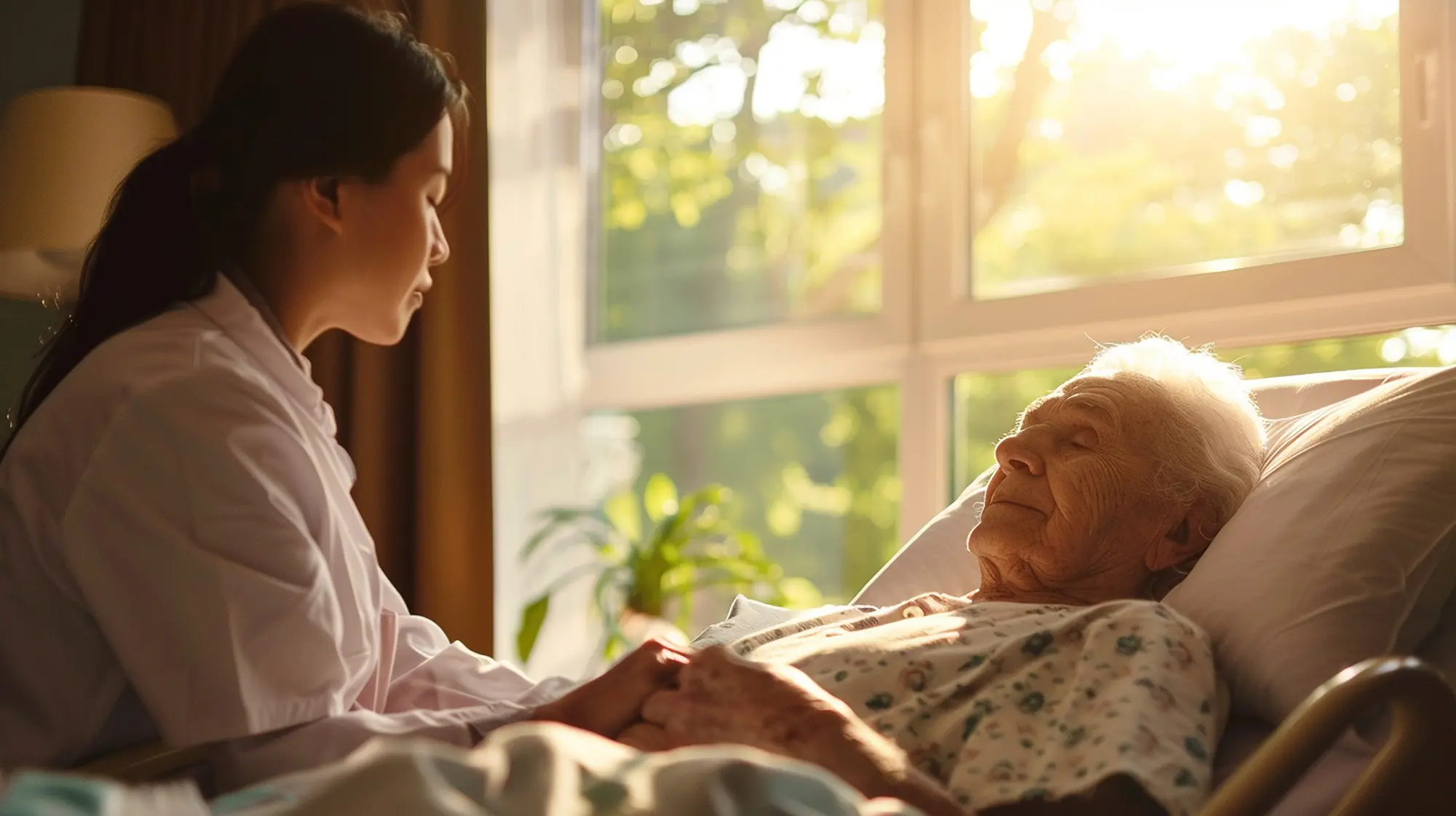 Soignante tenant les mains d'un patient alité