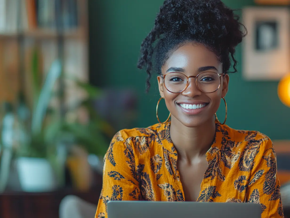 Femme souriante avec lunettes utilisant un ordinateur portable.