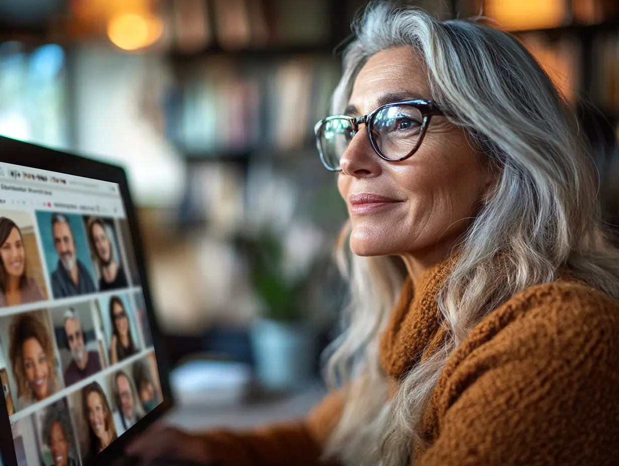 Femme utilisant un ordinateur avec des photos de profils.