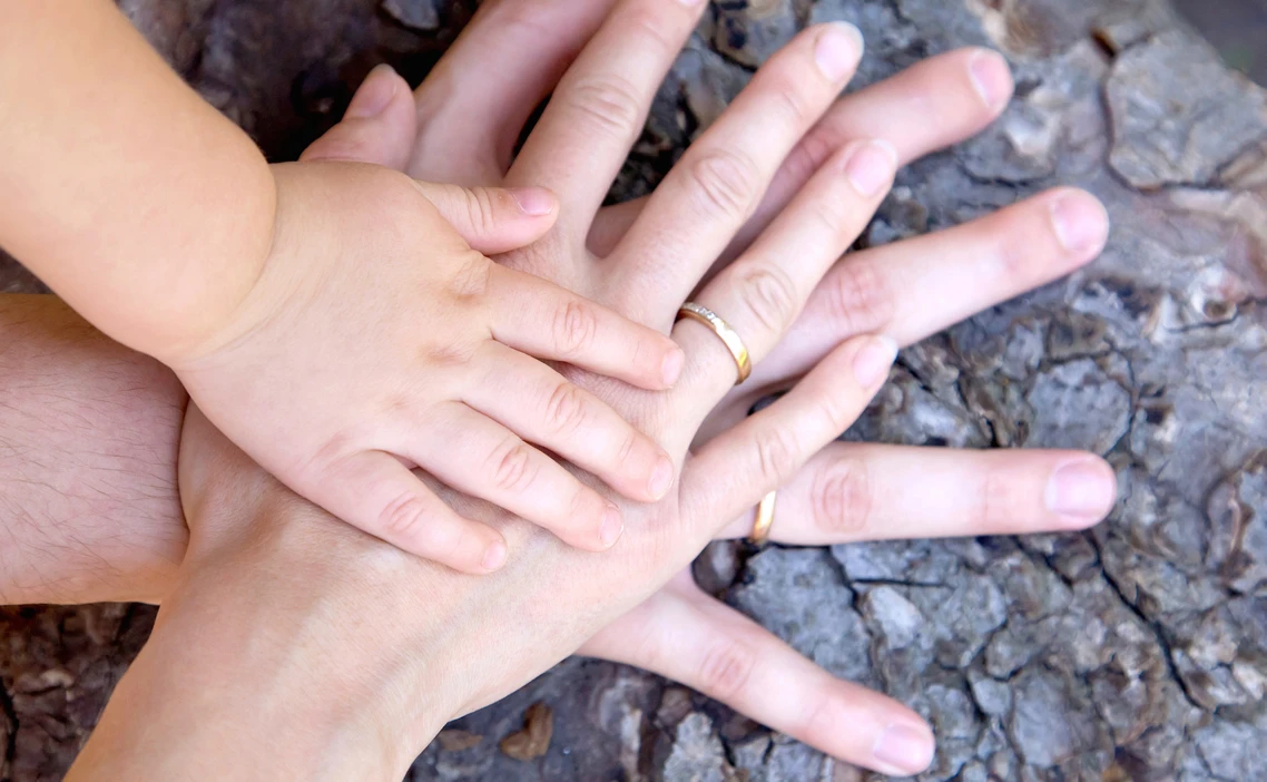 Family hands together on a tree trunk.